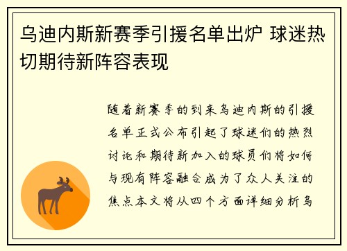 乌迪内斯新赛季引援名单出炉 球迷热切期待新阵容表现